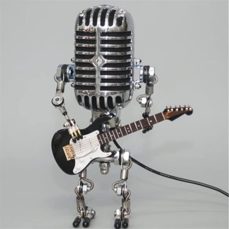 Xmpmrb Vintage Microphone Guitar Robot Lamp, Music Gifts for Men, Cool Gifts for Music Lovers, Vintage Light Home Decor Nightstand Desk Lamp for Bedroom, Music Studio (Black) - Image 1