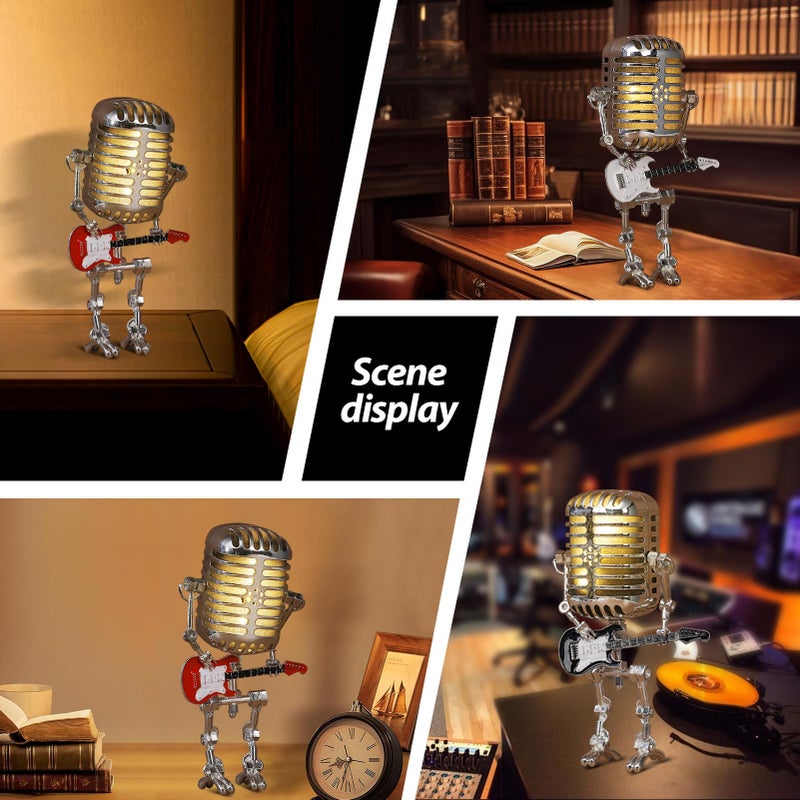 Xmpmrb Vintage Microphone Guitar Robot Lamp, Music Gifts for Men, Cool Gifts for Music Lovers, Vintage Light Home Decor Nightstand Desk Lamp for Bedroom, Music Studio (Black) - Image 2