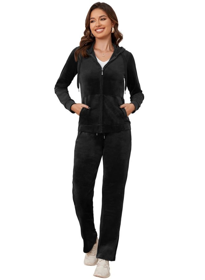 MIDNIGHTSUN Women's Velour Tracksuit 2 Piece Full Zip Hooded Sweatsuits Outfits Velvet Sportswear Jogging Set (Black, S) - Image 1