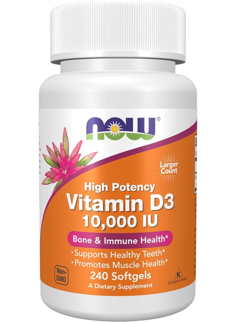 NOW Foods Supplements, Vitamin D-3 10,000 IU Softgels, Vitamin D, Joint Support, 240 Softgels - Image 1