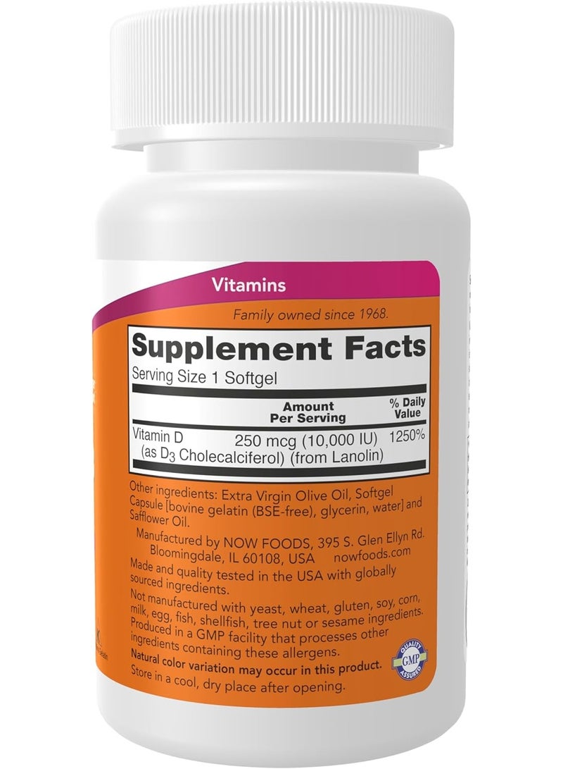 NOW Foods Supplements, Vitamin D-3 10,000 IU Softgels, Vitamin D, Joint Support, 240 Softgels - Image 2