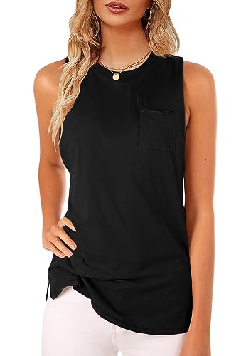 Mafulus Women's High Neck Tank Top Sleeveless Blouse Plain T Shirts Pocket Cami Summer Tops Medium A-Black - Image 5