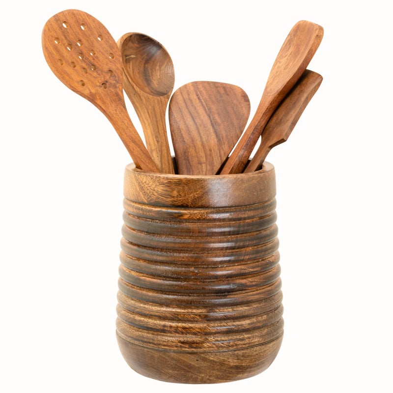 Mie Creations Rustic 7 Large Utensil Crock Holder for Kitchen Countertop Wooden Cooking Spatula Organizer for Party Mothers Day Wood Utensils Caddy Vintage Kitchen Counter DecorDark Brown