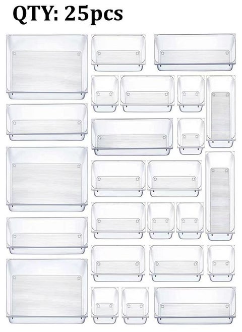 25 Pieces Clear Plastic Drawer Organizer Set Desk Drawer Dividers Storage Bins Separation Box for Makeup Jewelry Office Desk Bathroom and Kitchen