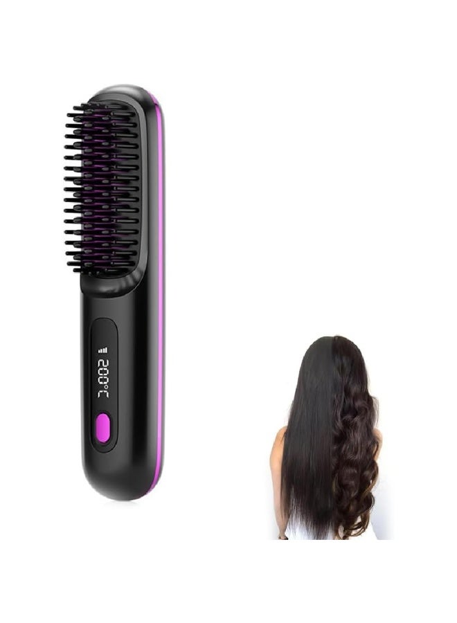 ZOOMEE 1Pcs Cordless Hair Straightener Brush,Portable Negative Ion Hair Straightener Hot Comb,USB Rechargeable,Fast Heating 3 Temperature Settings.Black,7.87 * 1.77 * 1.18in - Image 1
