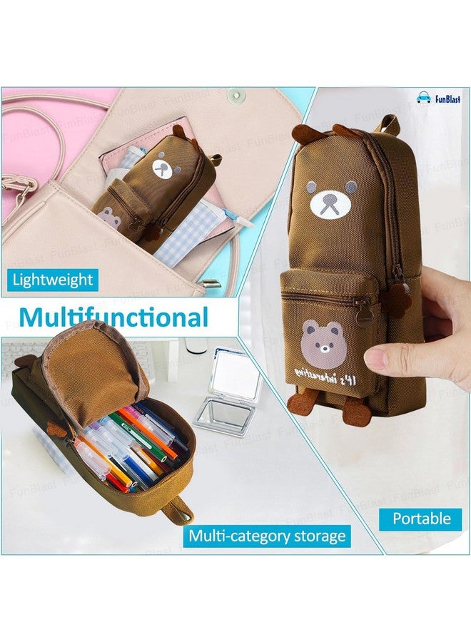 فنبلاست حقيبة أقلام فن بلاست، حافظة أقلام أنيقة، حقيبة أقلام قماشية كبيرة قابلة للتعليق، حقيبة كرتونية لطيفة للأطفال، حقيبة أقلام كاواي، حقيبة جمالية لطلاب المدارس والجامعات (دب بني) - Image 4