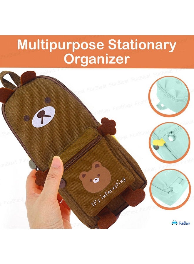 فنبلاست حقيبة أقلام فن بلاست، حافظة أقلام أنيقة، حقيبة أقلام قماشية كبيرة قابلة للتعليق، حقيبة كرتونية لطيفة للأطفال، حقيبة أقلام كاواي، حقيبة جمالية لطلاب المدارس والجامعات (دب بني) - Image 2