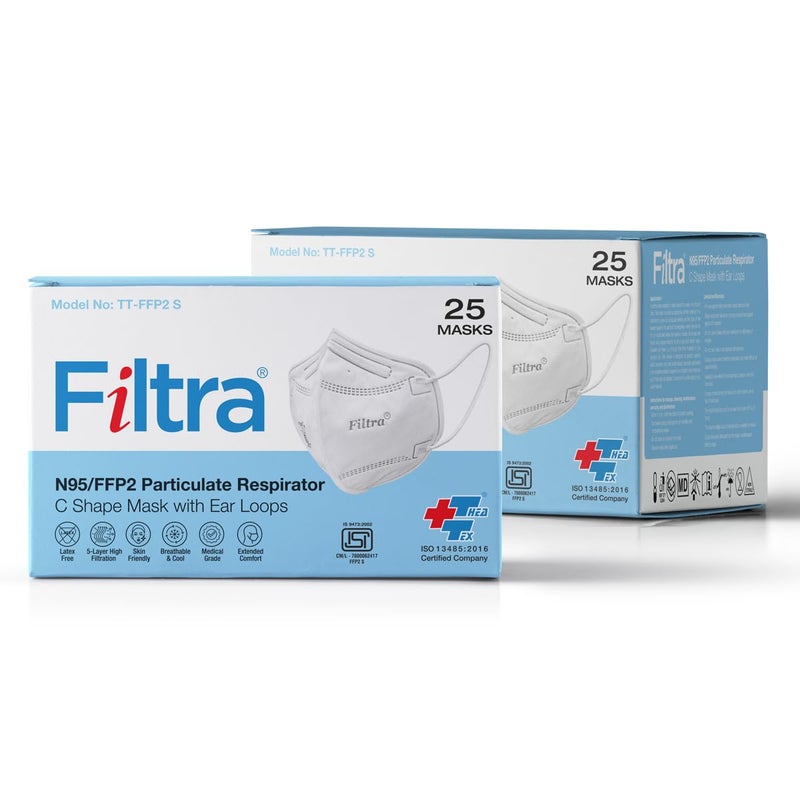 Filtra ® N95 Mask with Ear Loops | FFP2 Mask with Ear Loops | BIS Certified | 5 Layer N95 Mask | Thick Ear Loops | High Filtration | (Box of 25 Masks) - Image 1