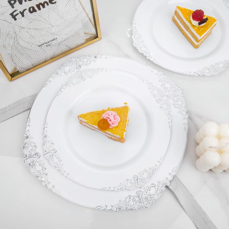Joyido 102PCS White and Silver Plastic Plates - Heavyweight Silver Plate - Wedding Plate with Silver Rim - Fancy Dinner & Dessert Plates for 51 Guests Weddings & Parties - Image 2