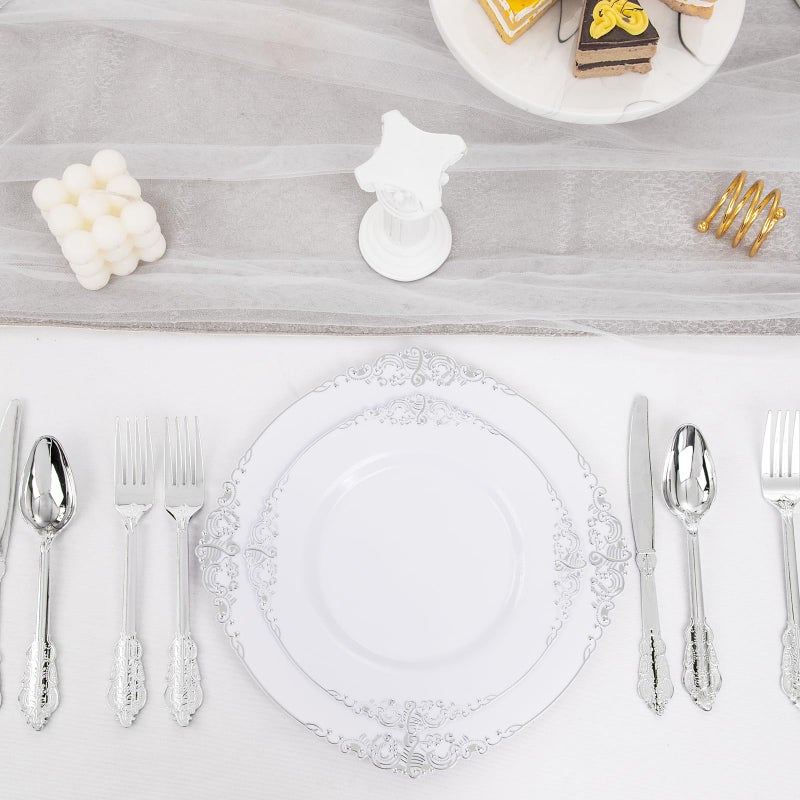 Joyido 102PCS White and Silver Plastic Plates - Heavyweight Silver Plate - Wedding Plate with Silver Rim - Fancy Dinner & Dessert Plates for 51 Guests Weddings & Parties - Image 3