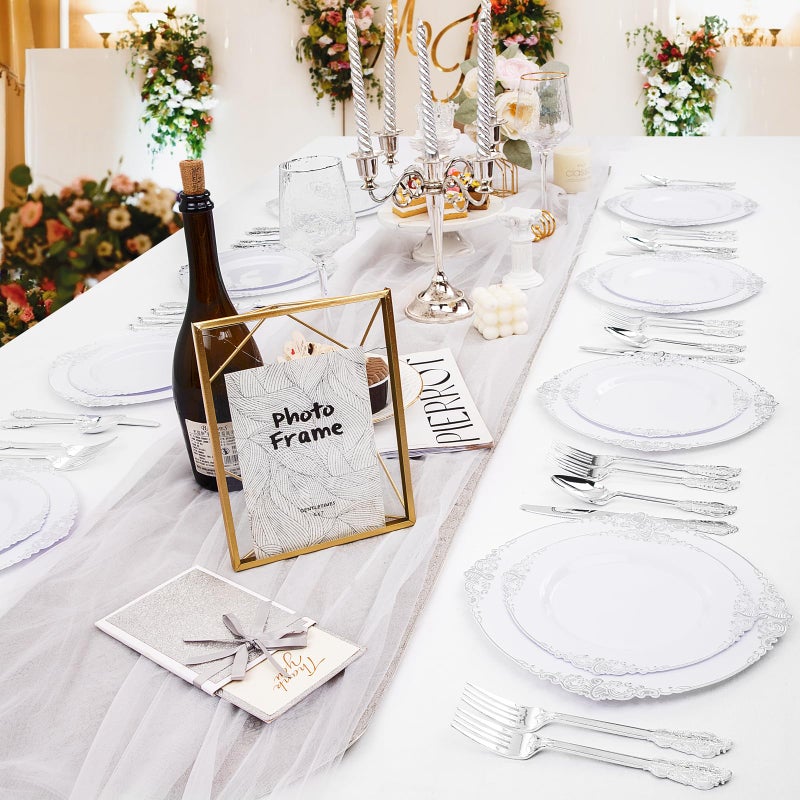 Joyido 102PCS White and Silver Plastic Plates - Heavyweight Silver Plate - Wedding Plate with Silver Rim - Fancy Dinner & Dessert Plates for 51 Guests Weddings & Parties - Image 4