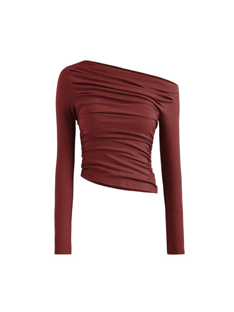 CIDER Women's Asymmetrical Top Off The Shouler Long Sleeve Shirts Ruched Going Out Crop Tops: Carmine, L - Image 1