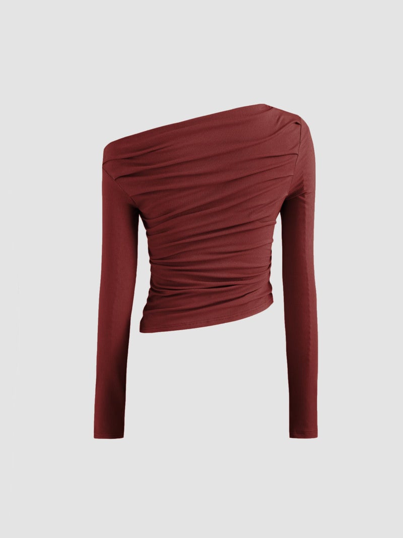 CIDER Women's Asymmetrical Top Off The Shouler Long Sleeve Shirts Ruched Going Out Crop Tops: Carmine, L - Image 5