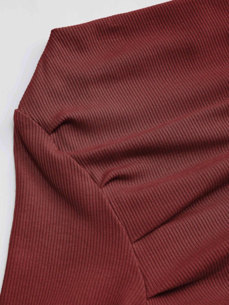 CIDER Women's Asymmetrical Top Off The Shouler Long Sleeve Shirts Ruched Going Out Crop Tops: Carmine, L - Image 3