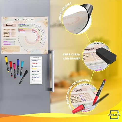 Scribbledo Habit Tracker Journal Workout Motivation Fridge Calendar Dry Erase 13” X 17” Magnet Health Fitness Goal Tracker Goals Board - With Shopping Grocery List - 6 Markers Included - Image 4