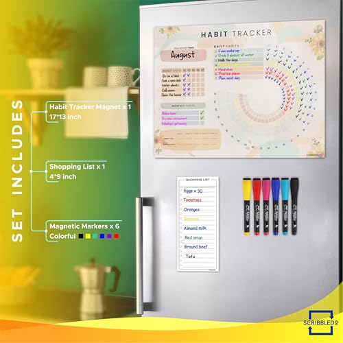 Scribbledo Habit Tracker Journal Workout Motivation Fridge Calendar Dry Erase 13” X 17” Magnet Health Fitness Goal Tracker Goals Board - With Shopping Grocery List - 6 Markers Included - Image 2
