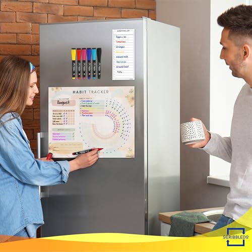 Scribbledo Habit Tracker Journal Workout Motivation Fridge Calendar Dry Erase 13” X 17” Magnet Health Fitness Goal Tracker Goals Board - With Shopping Grocery List - 6 Markers Included - Image 3