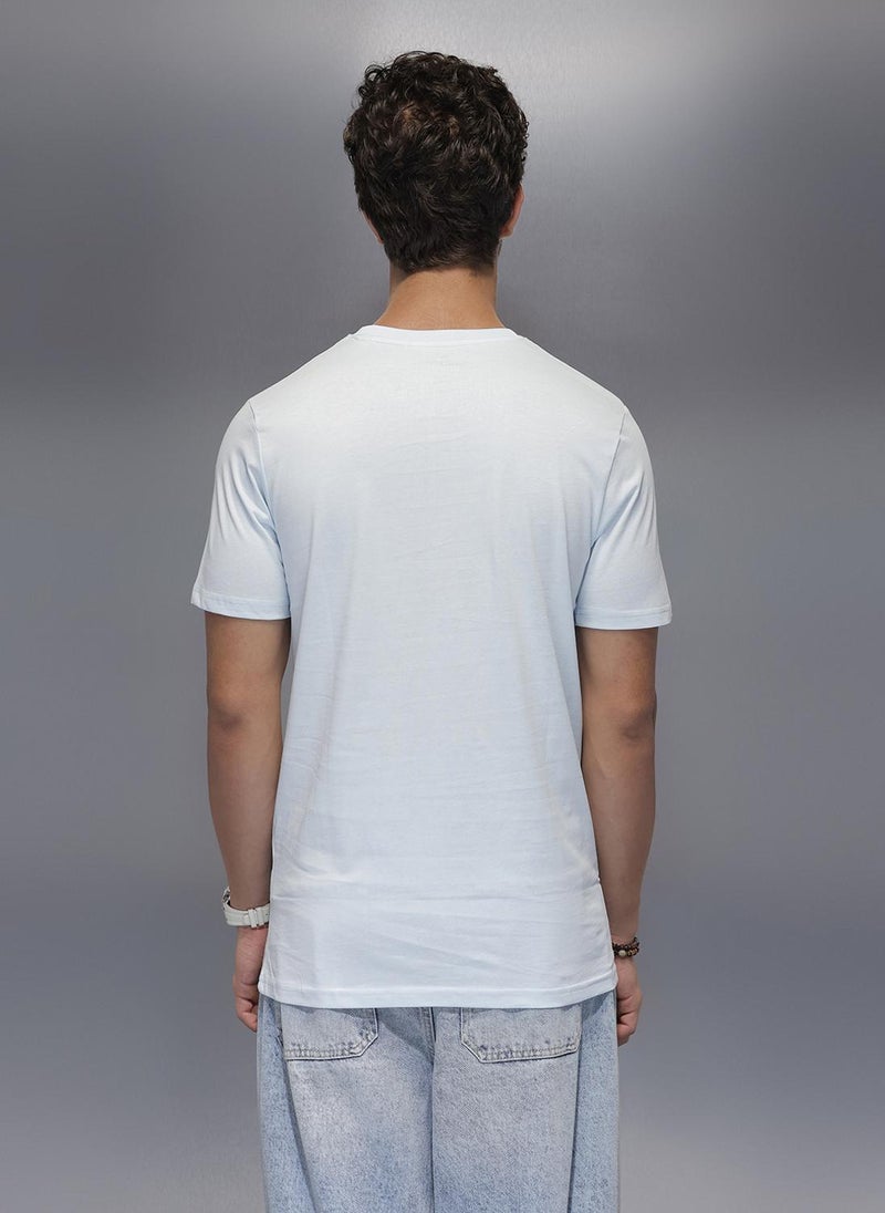 Wrogn Solid Placement Printed T-Shirt   |  Light Blue - Image 3