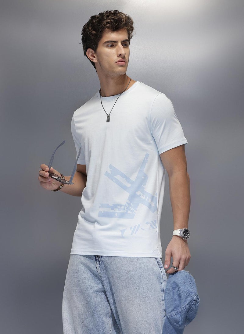 Wrogn Solid Placement Printed T-Shirt   |  Light Blue - Image 1