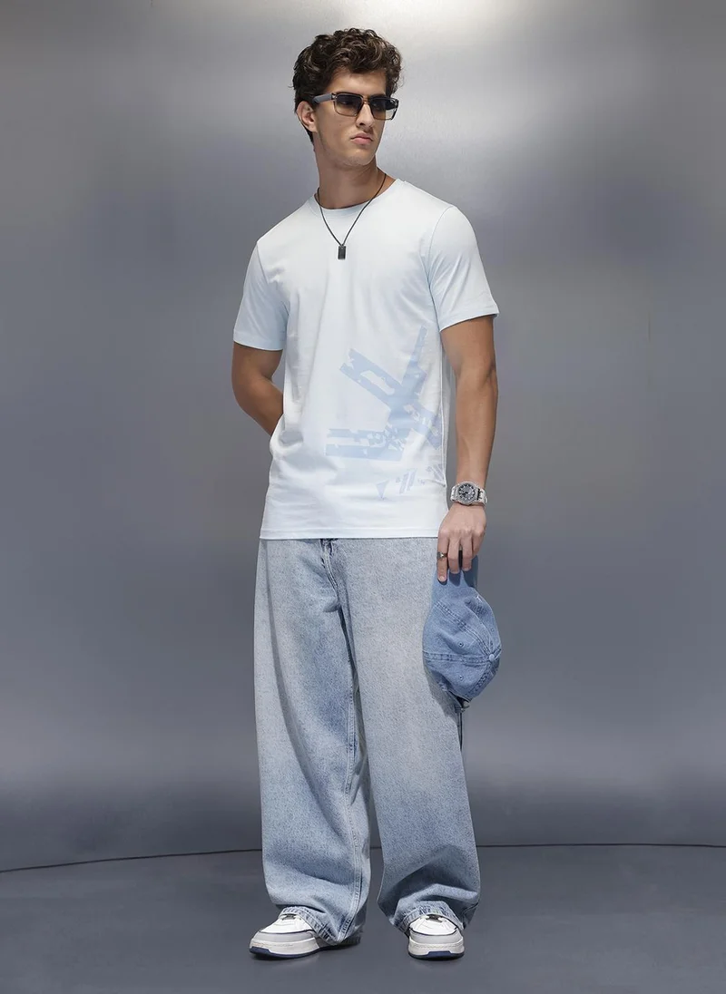 روجن Solid Placement Printed T-Shirt   |  Light Blue