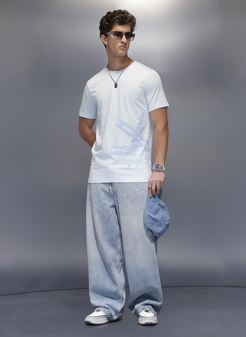 Wrogn Solid Placement Printed T-Shirt   |  Light Blue - Image 2