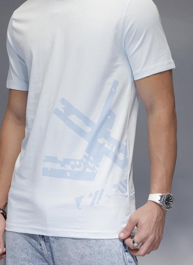 Wrogn Solid Placement Printed T-Shirt   |  Light Blue - Image 5