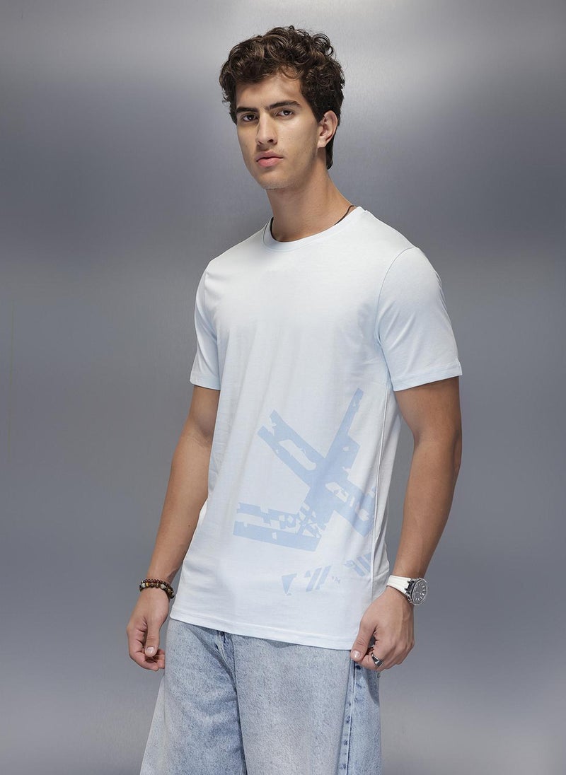 Wrogn Solid Placement Printed T-Shirt   |  Light Blue - Image 4