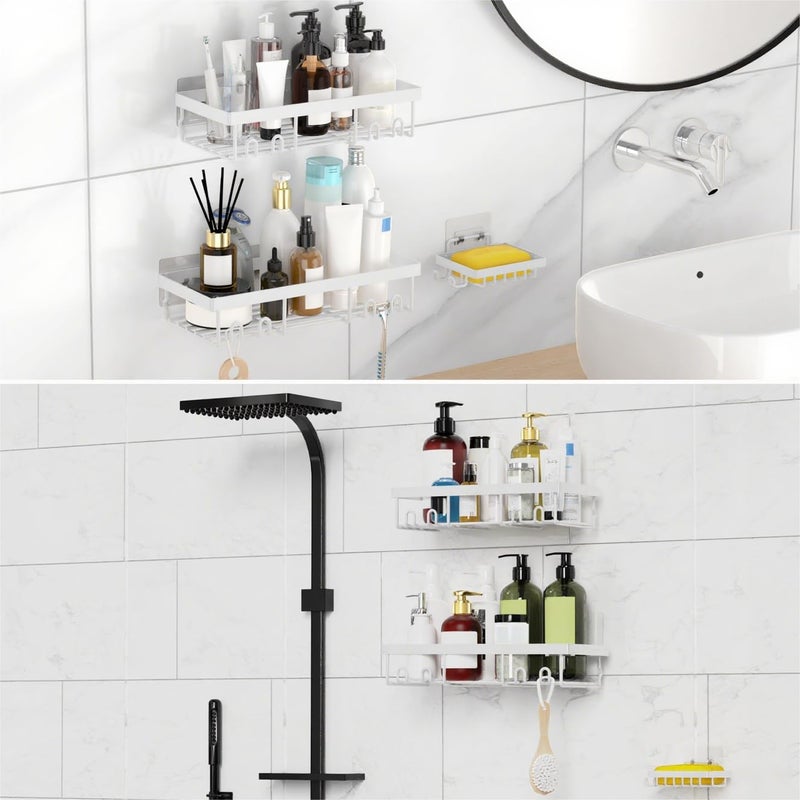 Moforoco 3-Pack Shower Caddy Basket Shelf with Soap Holder, No Drilling Traceless Adhesive Shower Wall Shelves, Rustproof White Bathroom Shower Storage Organizer - Image 5