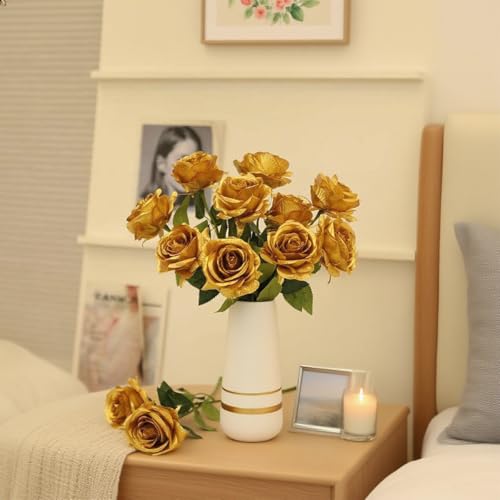 Laelfe 12 PCS Artificial Flowers Gold Roses Fake Silk Flower Long Stem Artificial Roses for Home Wendding Bathroom Party Decorations (Gold) - Image 2
