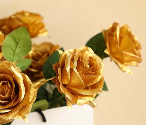 Laelfe 12 PCS Artificial Flowers Gold Roses Fake Silk Flower Long Stem Artificial Roses for Home Wendding Bathroom Party Decorations (Gold) - Image 4