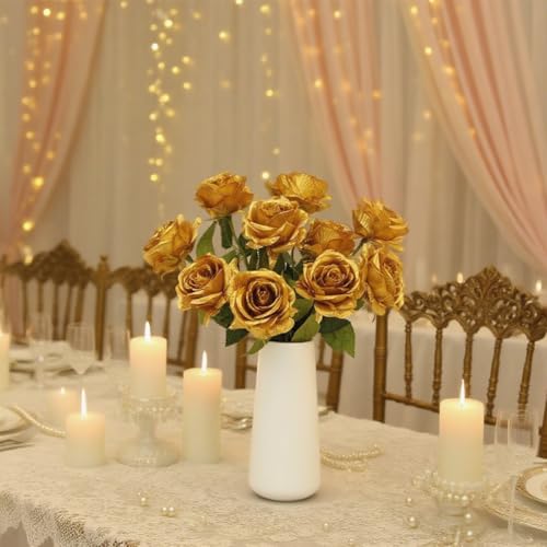 Laelfe 12 PCS Artificial Flowers Gold Roses Fake Silk Flower Long Stem Artificial Roses for Home Wendding Bathroom Party Decorations (Gold) - Image 3
