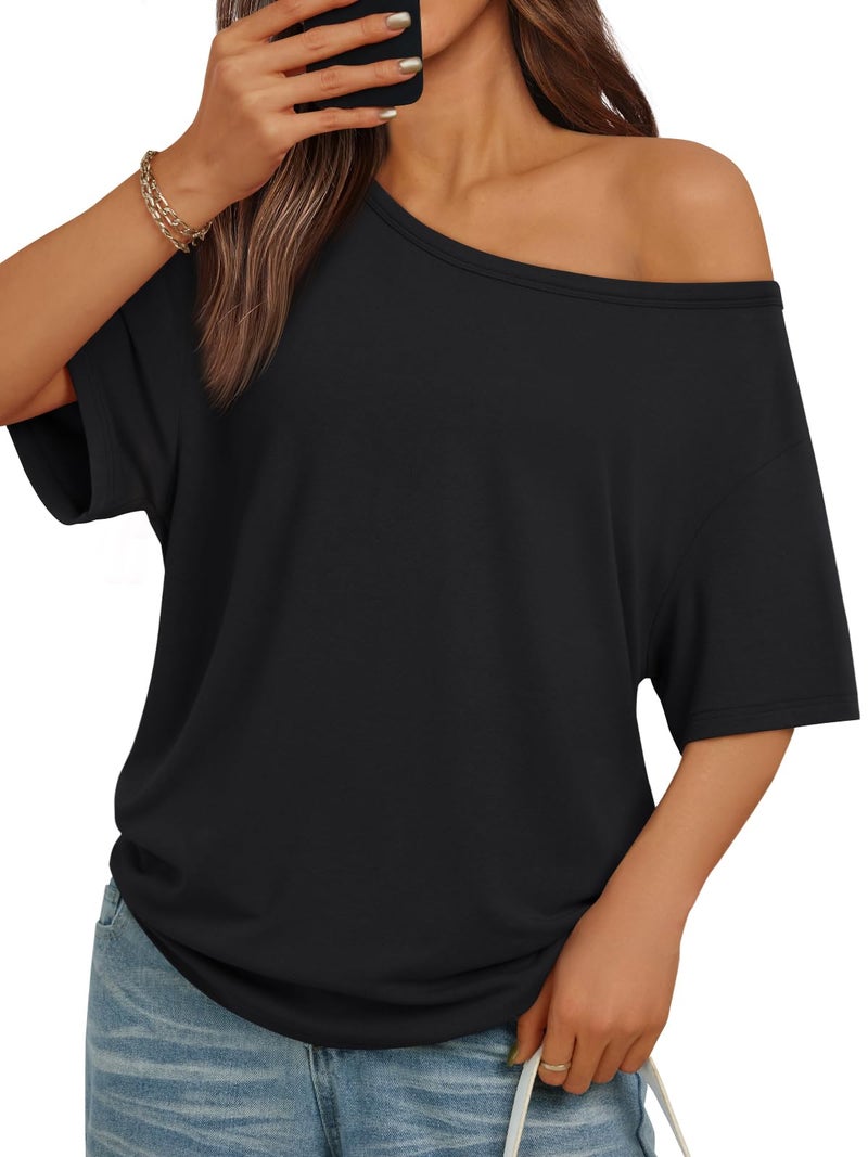 Trendy Queen Womens Off The Shoulder Tops Oversized Tshirts Casual Short Sleeve Basic Tees Cute Summer Fashion Clothes 2026 Black M - Image 1