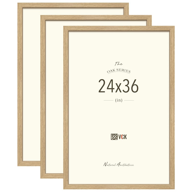 مجموعة إطارات ملصقات VCK 24x36 من 3 قطع من خشب البلوط الطبيعي الصلب لإطارات الصور، إطار معرض الحائط