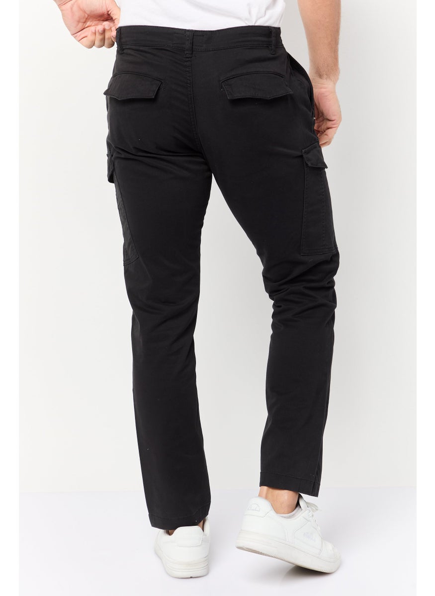833 POLICE Men Slim Fit Plain Cargo Pants, Black  - Image 3
