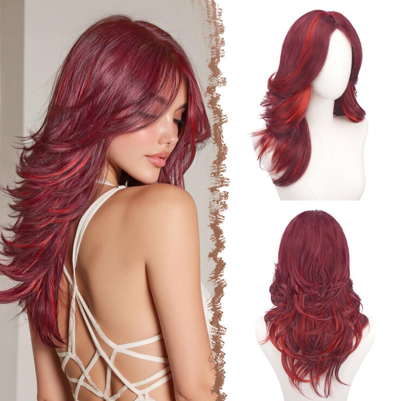 FESHFEN Mixed Red Wavy Layered Wig with Curtain Bangs for Women, 22 Inch Long Synthetic Natural Looking Middle Part Hair Wig For Costume Party Daily Use - Image 1