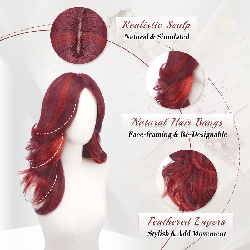 FESHFEN Mixed Red Wavy Layered Wig with Curtain Bangs for Women, 22 Inch Long Synthetic Natural Looking Middle Part Hair Wig For Costume Party Daily Use - Image 4
