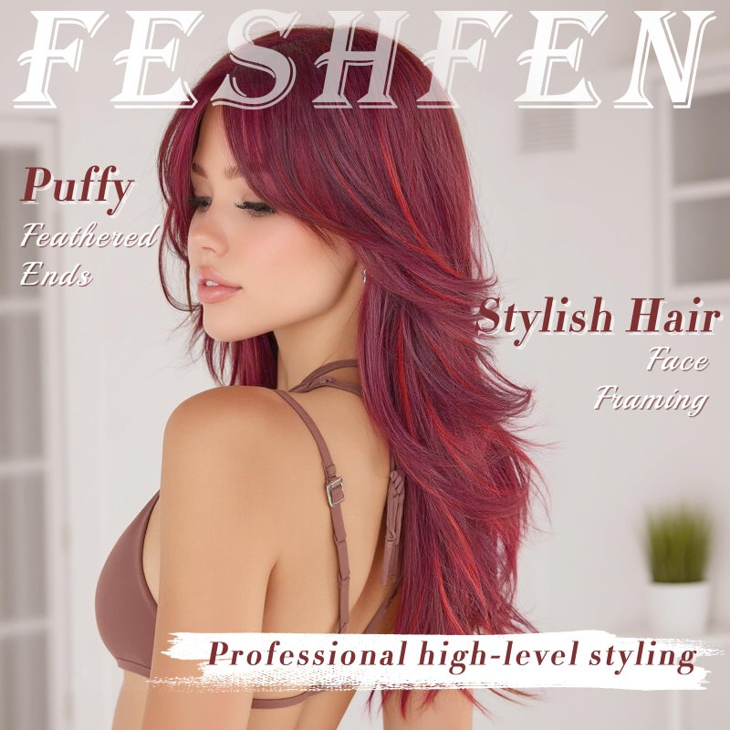 FESHFEN Mixed Red Wavy Layered Wig with Curtain Bangs for Women, 22 Inch Long Synthetic Natural Looking Middle Part Hair Wig For Costume Party Daily Use - Image 5