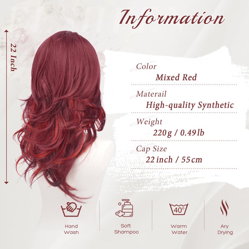 FESHFEN Mixed Red Wavy Layered Wig with Curtain Bangs for Women, 22 Inch Long Synthetic Natural Looking Middle Part Hair Wig For Costume Party Daily Use - Image 3