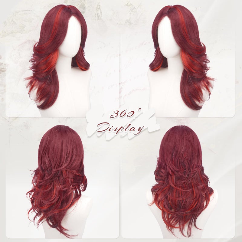 FESHFEN Mixed Red Wavy Layered Wig with Curtain Bangs for Women, 22 Inch Long Synthetic Natural Looking Middle Part Hair Wig For Costume Party Daily Use - Image 2