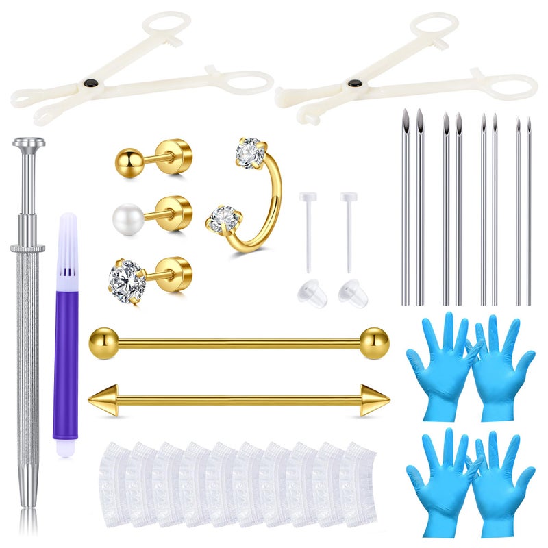 AVYRING Ear Piercing Kit Gold Stainless Steel Ear Piercing Needle Kit Disposable Earring Piercing Kit with Earring Stud Industrial Barbell 14G 16G 18G 20G Piecing Needles Clamps for Cartilage Tragus - Image 1
