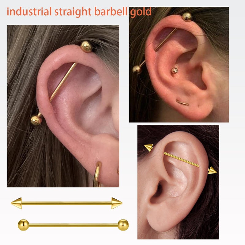 AVYRING Ear Piercing Kit Gold Stainless Steel Ear Piercing Needle Kit Disposable Earring Piercing Kit with Earring Stud Industrial Barbell 14G 16G 18G 20G Piecing Needles Clamps for Cartilage Tragus - Image 5
