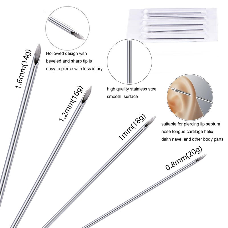 AVYRING Ear Piercing Kit Gold Stainless Steel Ear Piercing Needle Kit Disposable Earring Piercing Kit with Earring Stud Industrial Barbell 14G 16G 18G 20G Piecing Needles Clamps for Cartilage Tragus - Image 3