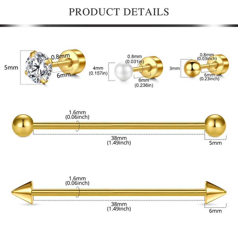 AVYRING Ear Piercing Kit Gold Stainless Steel Ear Piercing Needle Kit Disposable Earring Piercing Kit with Earring Stud Industrial Barbell 14G 16G 18G 20G Piecing Needles Clamps for Cartilage Tragus - Image 2