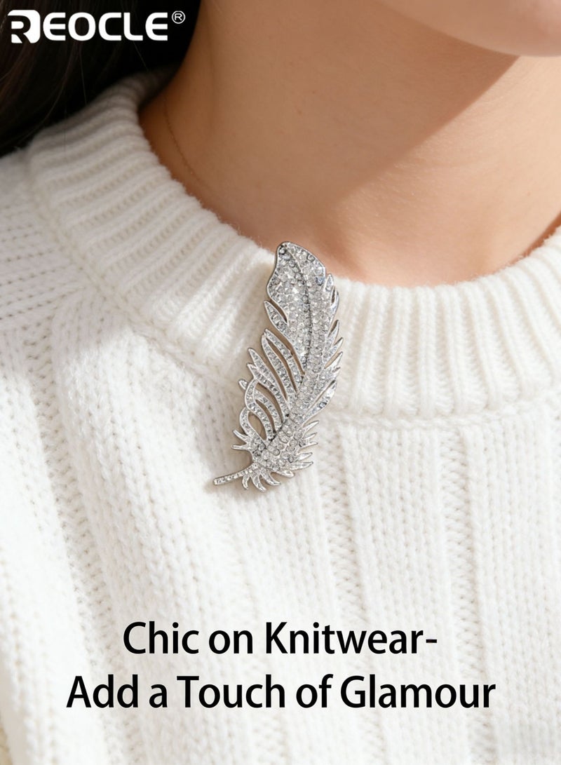 REOCLE Women's Brooch Sleek Crystal Feather Pin Full-Pavé Detail & Natural Shape Design for Modern Elegant Outfit Styling - Image 2