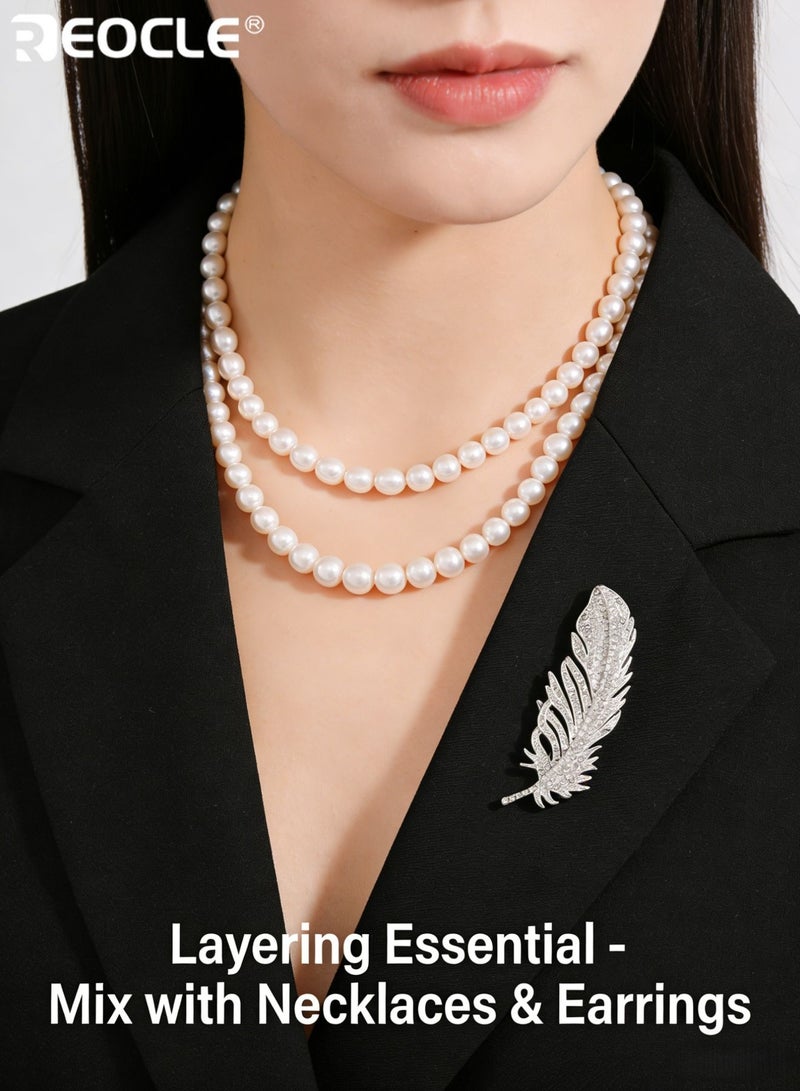 REOCLE Women's Brooch Sleek Crystal Feather Pin Full-Pavé Detail & Natural Shape Design for Modern Elegant Outfit Styling - Image 3