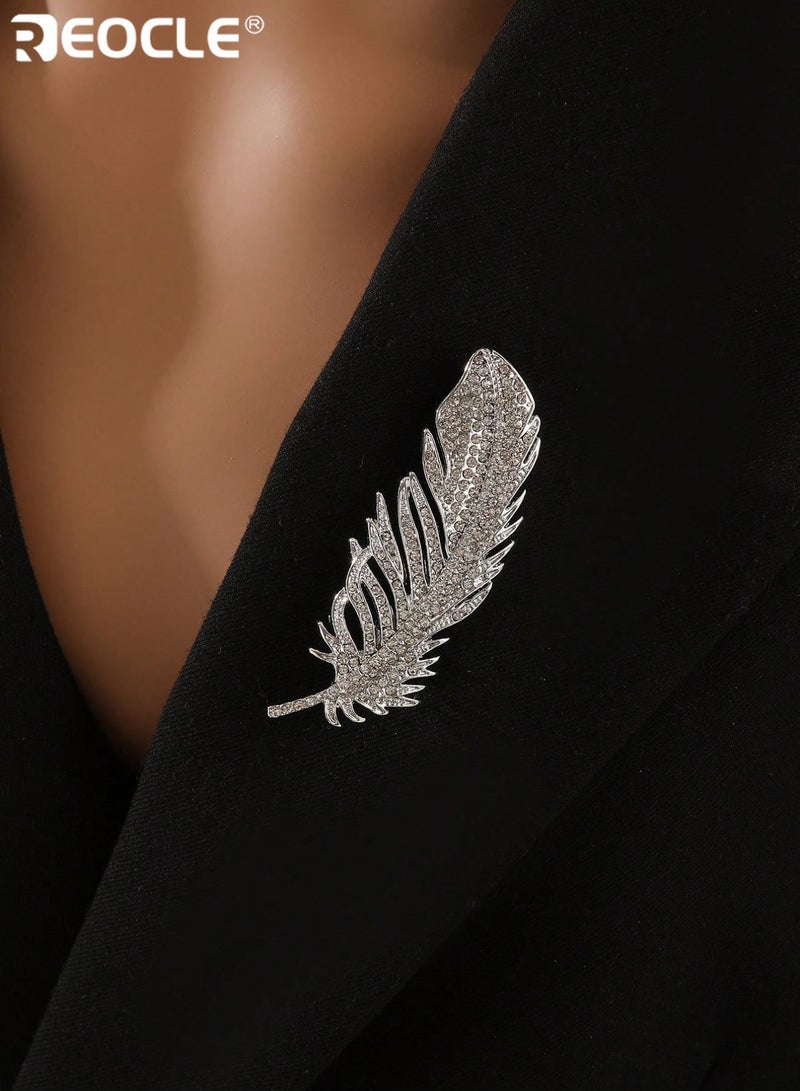REOCLE Women's Brooch Sleek Crystal Feather Pin Full-Pavé Detail & Natural Shape Design for Modern Elegant Outfit Styling - Image 1