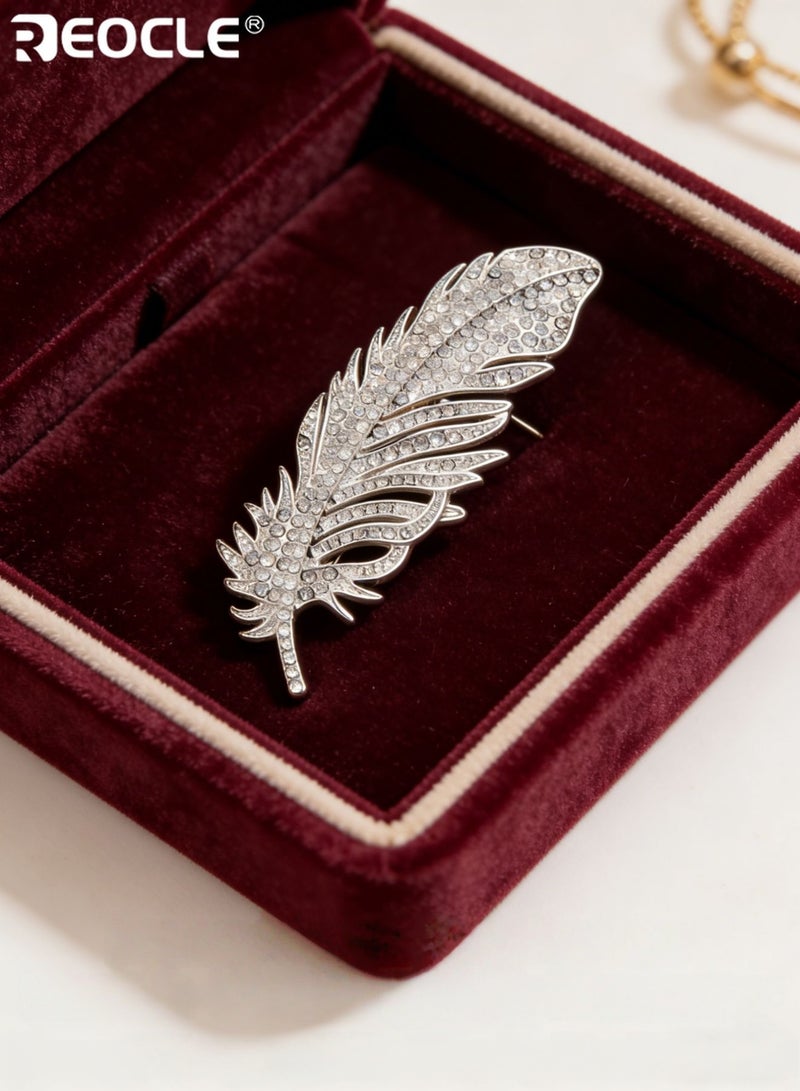 REOCLE Women's Brooch Sleek Crystal Feather Pin Full-Pavé Detail & Natural Shape Design for Modern Elegant Outfit Styling - Image 5