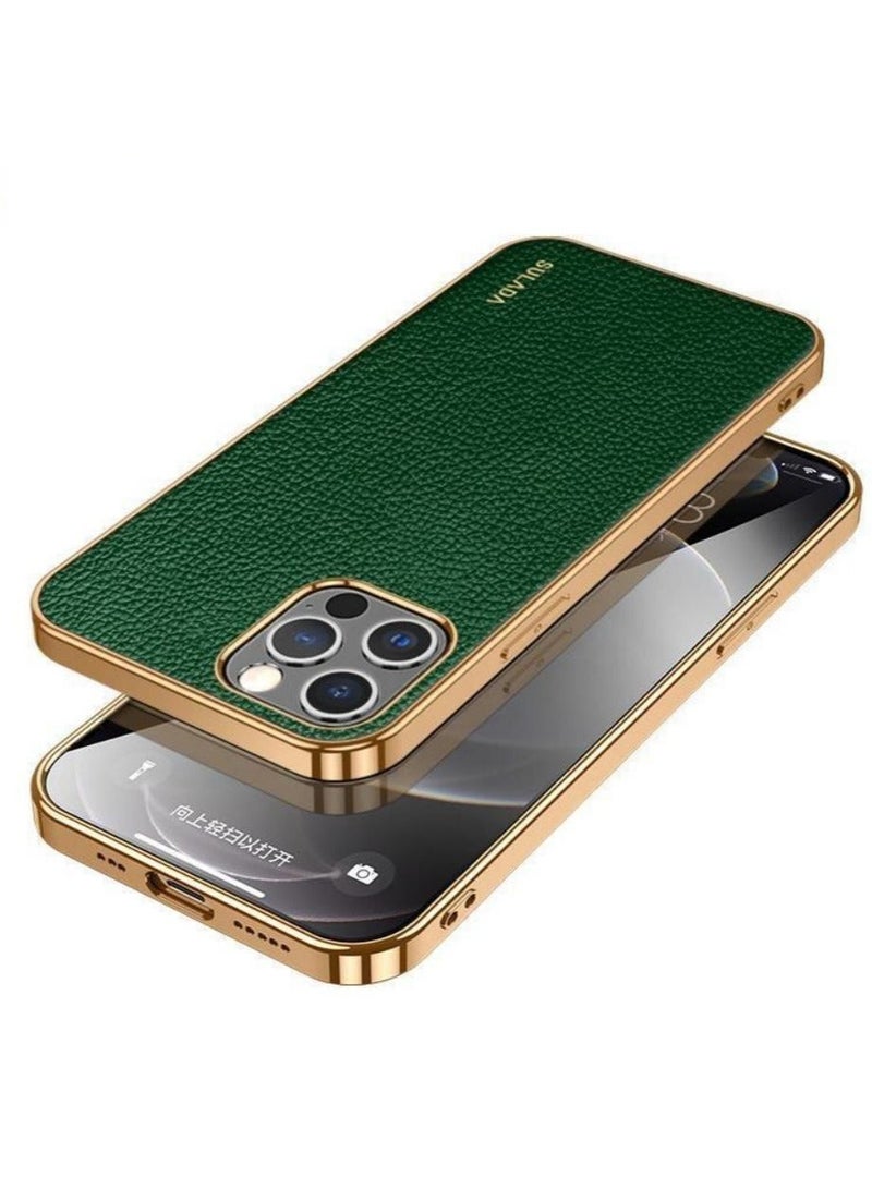 SULADA Case for Apple iPhone 14 Pro Max 6.7 inch Slim Luxury Business Style Retro Classic PU Electroplate Shiny Gold Frame Soft Hybrid Bumper Shockproof Cover Protective Cover Green - Image 1