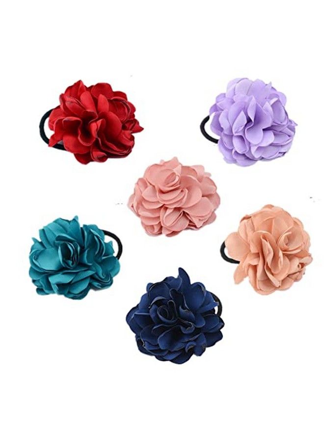 Lovef Jewelry Women Girl 6Pcs（Mixed Color) Cloth Rose Flower Design Ponytail Holders Hair Tie Assorted Rope Rubber Bands Accessories - Image 1