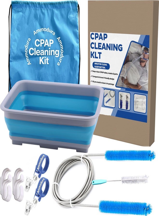 طقم تنظيف كامل لجهاز CPAP، فرش تنظيف أنابيب بطول 6.5 قدم متوافقة مع خراطيم 15 مم و20 مم، لوازم تنظيف خرطوم وقناع جهاز CPAP مع حوض غسيل قابل للطي، علاقات ومشابك للخرطوم - Image 1